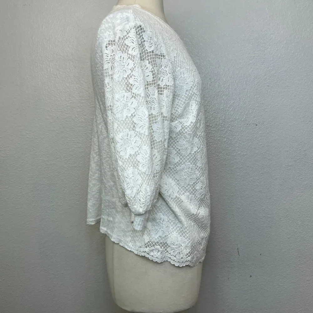 Athropologie Eri + Ali Ivory Lace Top Cotton Blend Top Blouse Puff‎ Sleeve Sz S